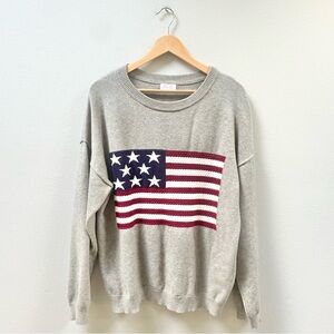 Pink Lily Gray Oversized Patriotic USA American Flag Knit Sweater, Women's Large